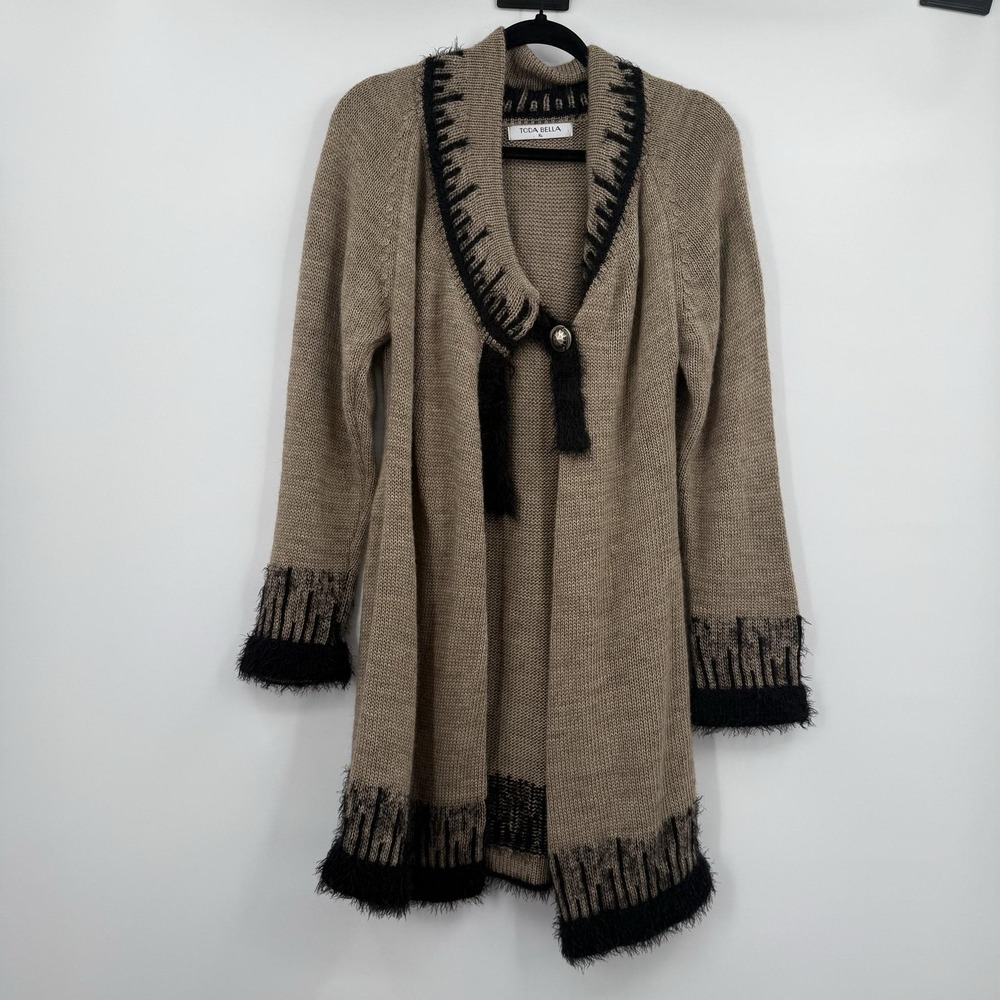 TODA BELLA Cardigan Womens XL Beige Open Fringe Button Wool Blend Knit Relaxed